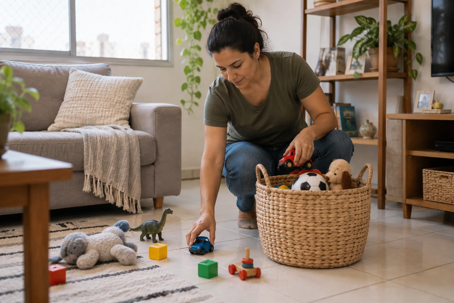 Moradora recolhe brinquedos em um cesto para liberar o chão da sala antes da faxina.