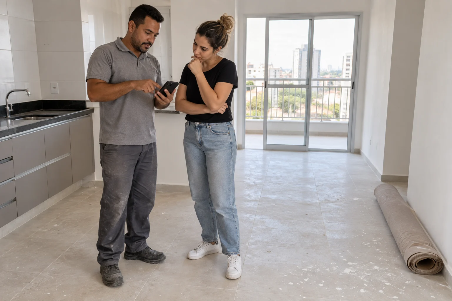Profissional e moradora avaliam um apartamento com poeira e respingos no piso depois de uma reforma.