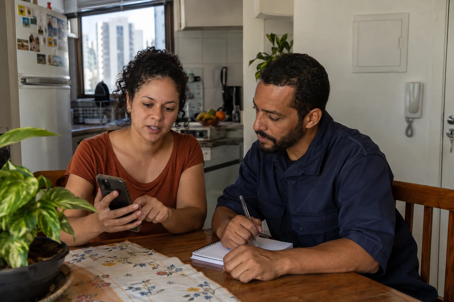 Moradora mostra informações no celular a um eletricista, que faz anotações à mesa da cozinha.