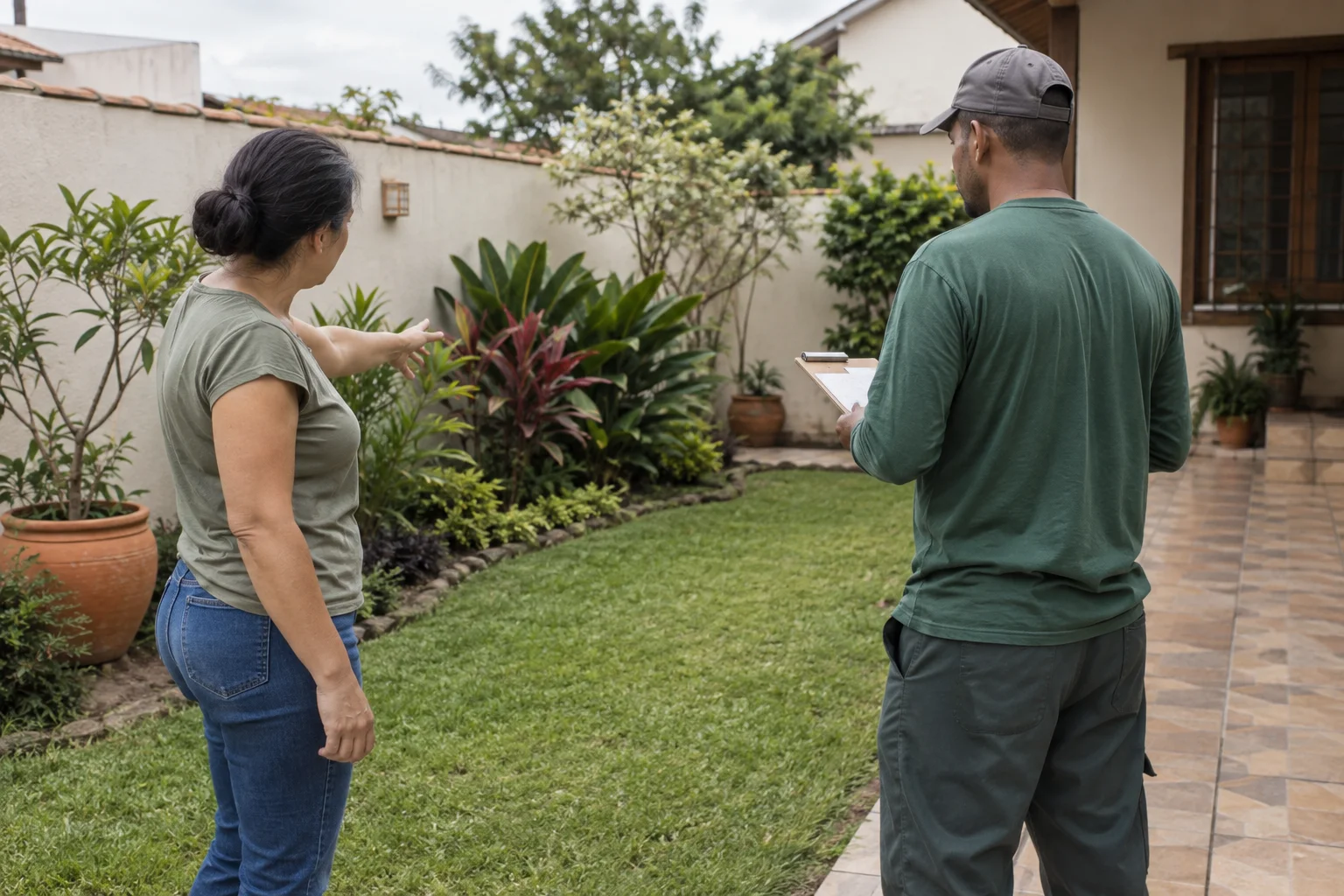 Moradora mostra um canteiro ao jardineiro durante avaliação de um jardim residencial.