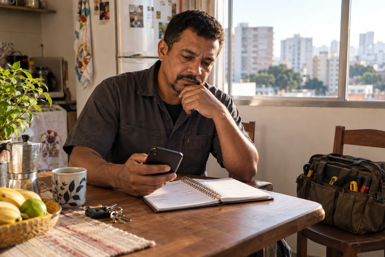 Profissional consulta o celular e uma agenda à mesa antes de sair para os atendimentos.