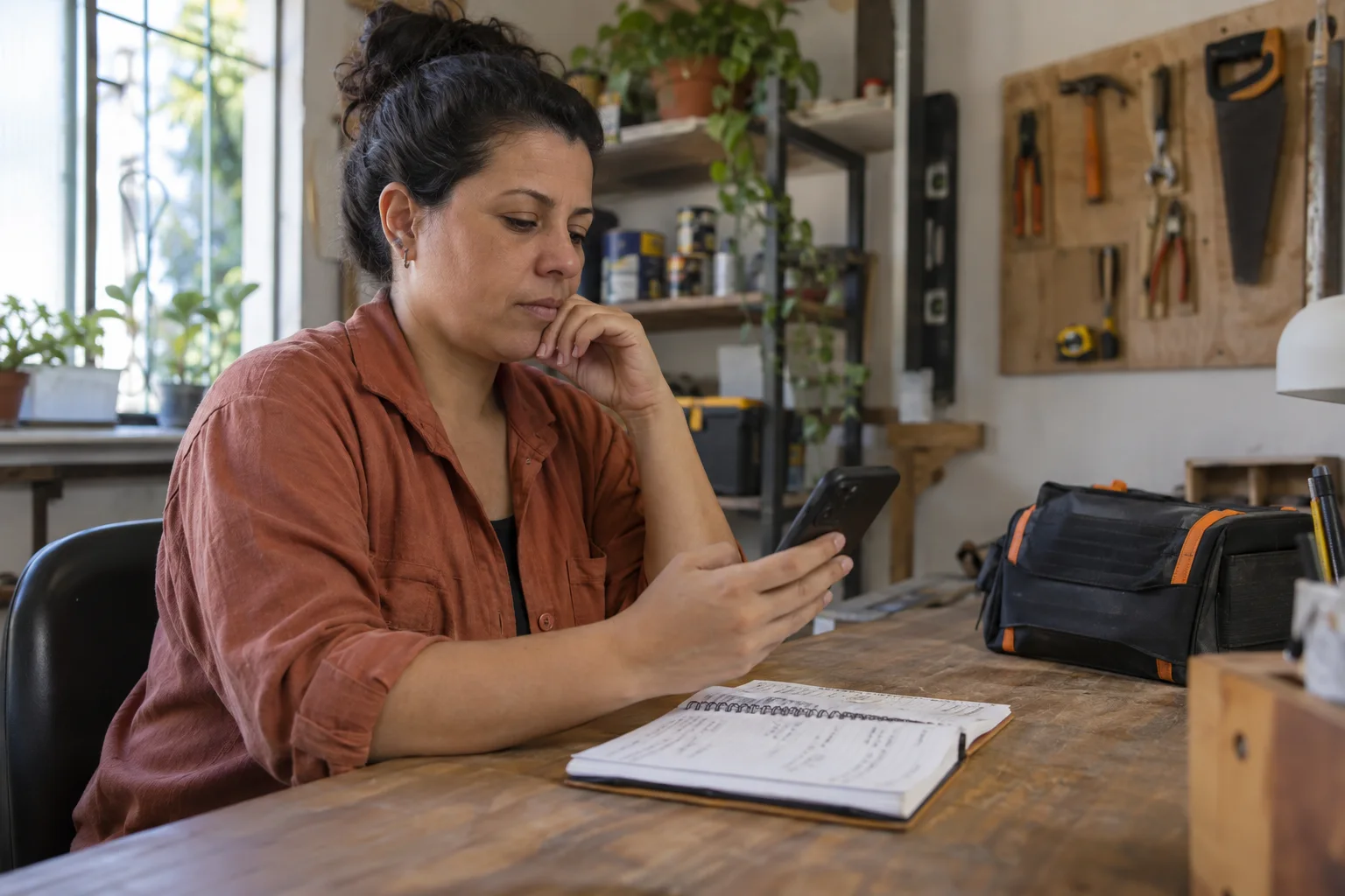 Profissional de reparos consulta o celular ao lado de um caderno e uma bolsa de ferramentas na oficina.