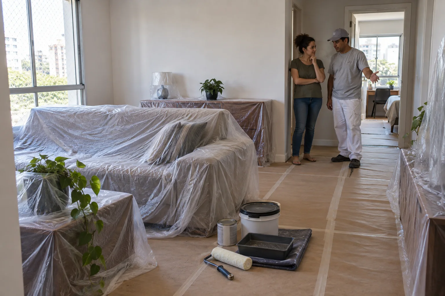 Moradora e pintor conversam em uma sala com móveis cobertos e piso protegido antes da pintura do apartamento.