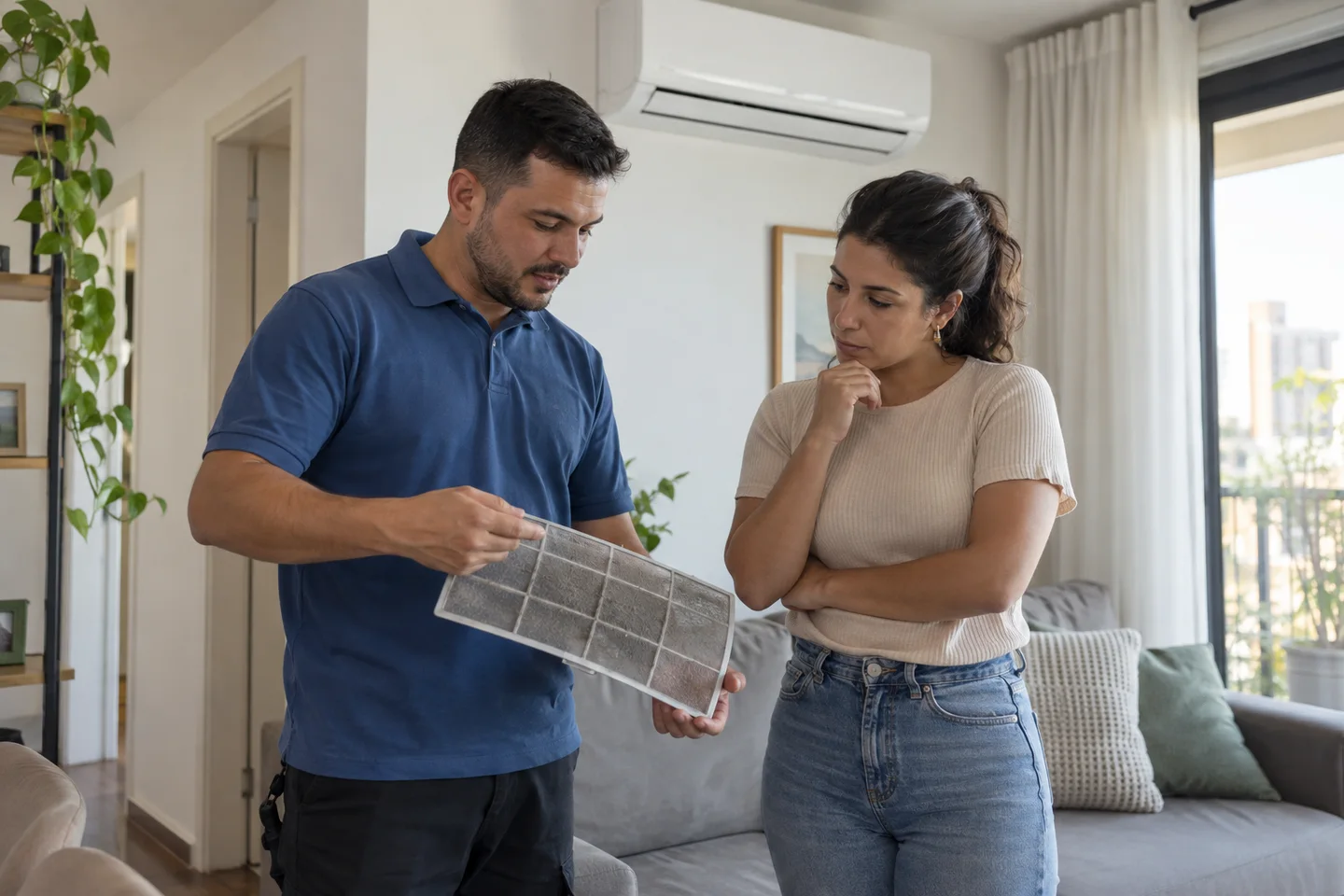 Técnico mostra um filtro de tela à moradora durante uma conversa na sala, com aparelho de climatização na parede.