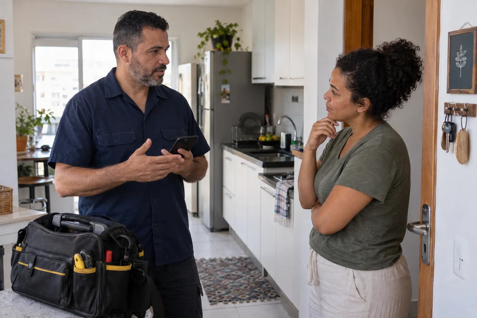 Profissional conversa com uma moradora na cozinha, com celular na mão e bolsa de ferramentas ao lado, antes da avaliação.