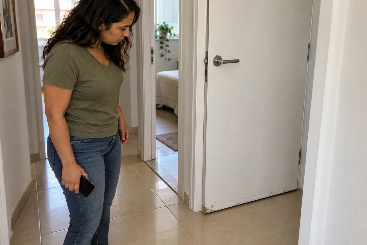 Moradora observa a parte inferior desgastada de uma porta branca aberta em um apartamento, com o celular na mão.