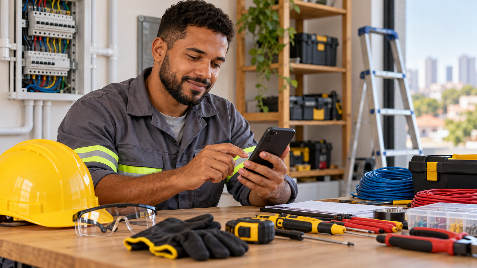 Prestador de serviços revisa no celular a apresentação profissional e os detalhes de atendimento.