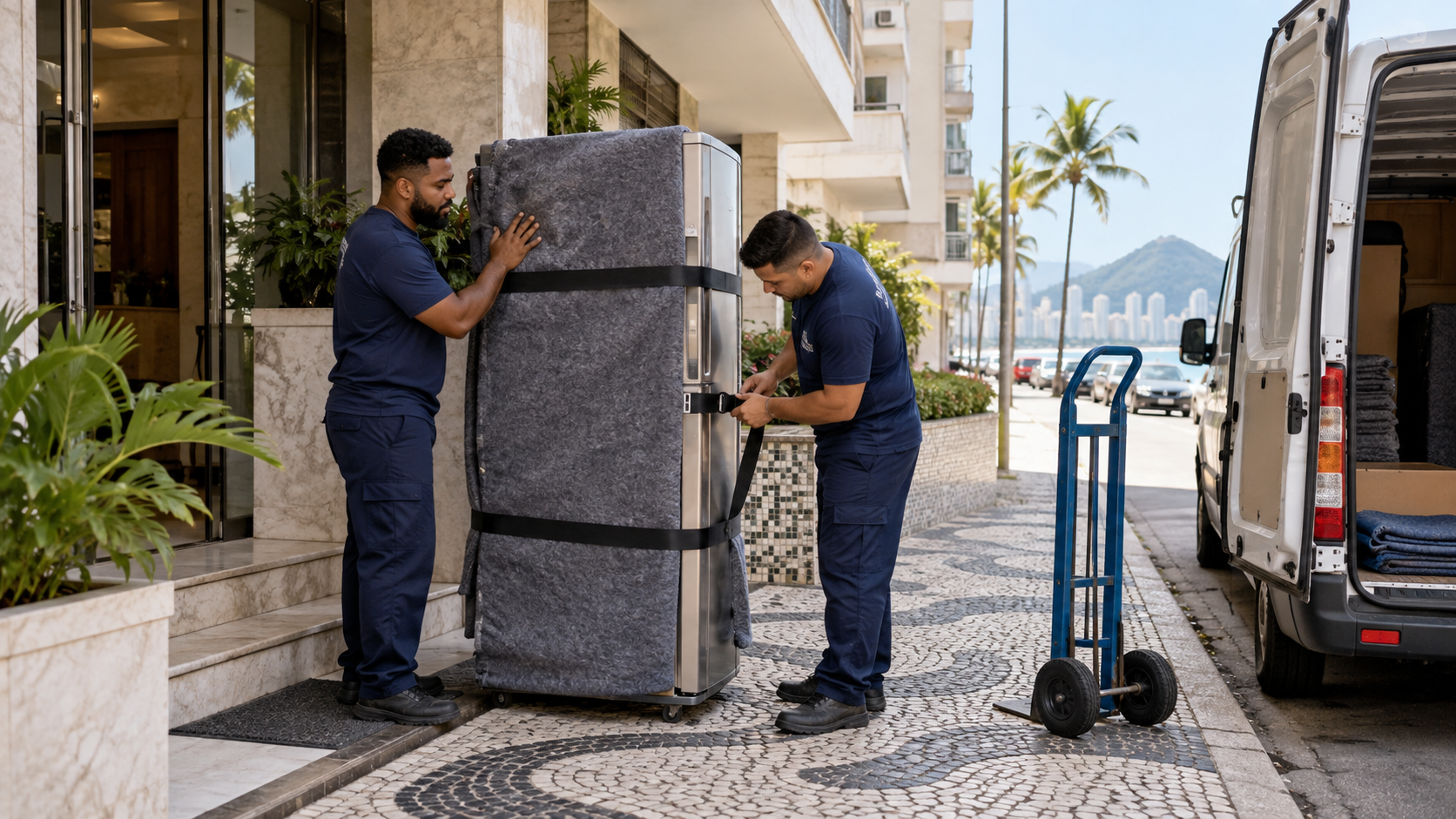 Dois profissionais preparando uma geladeira protegida para transporte