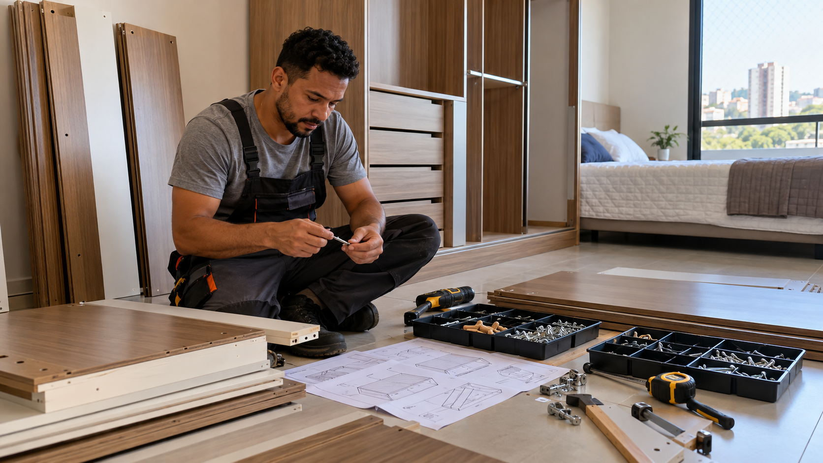 Montador organizando painéis e ferragens de guarda-roupa em um quarto