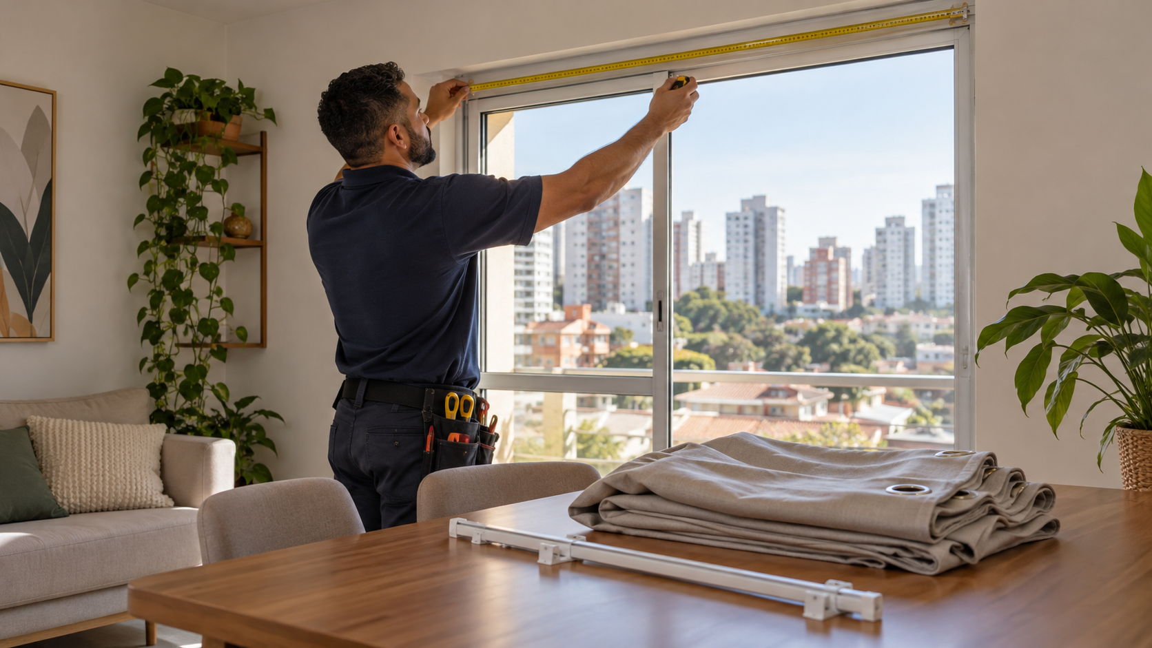 Profissional medindo uma janela para instalar cortina
