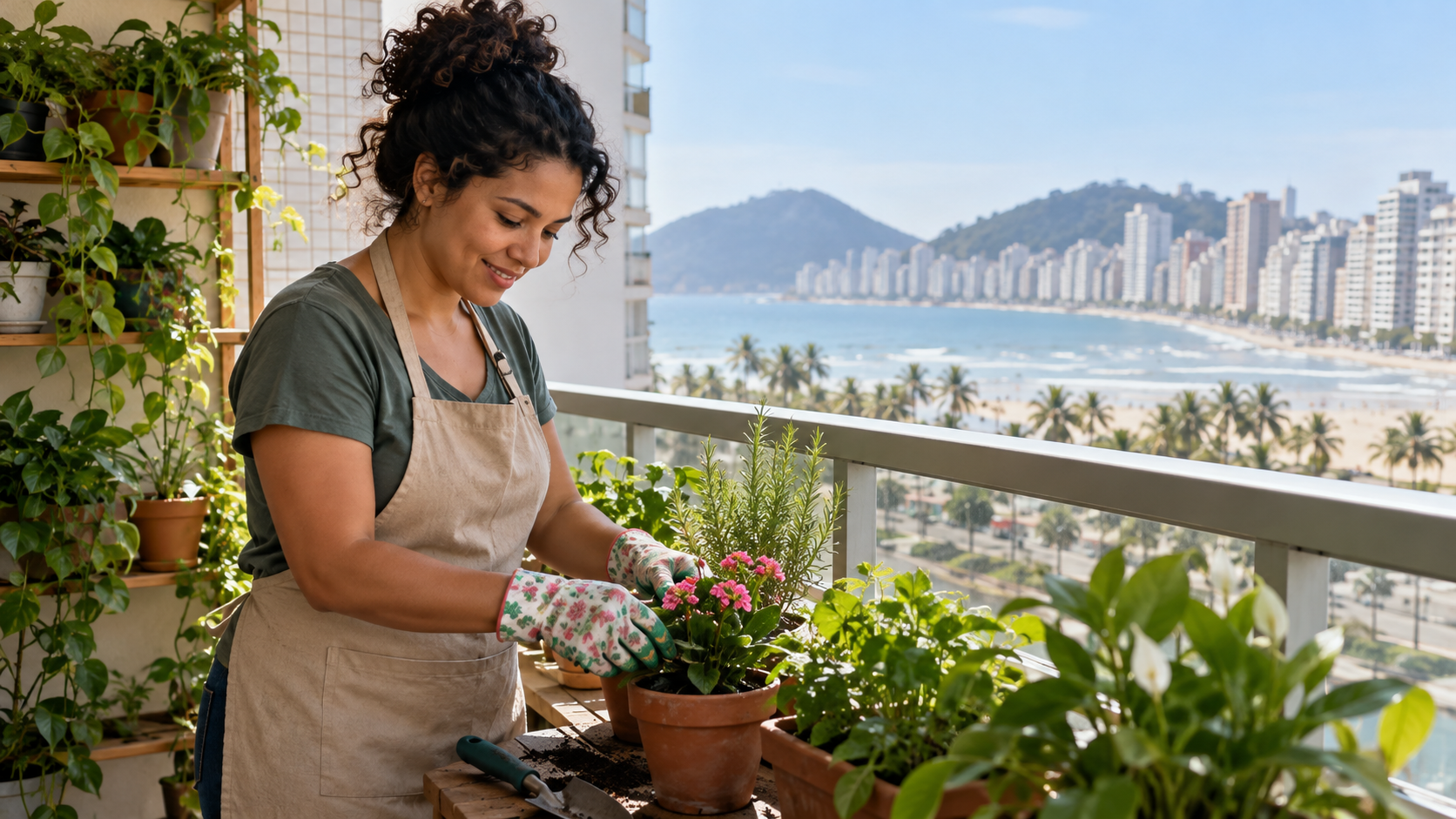 Jardineira cuidando de plantas em vasos em uma varanda protegida