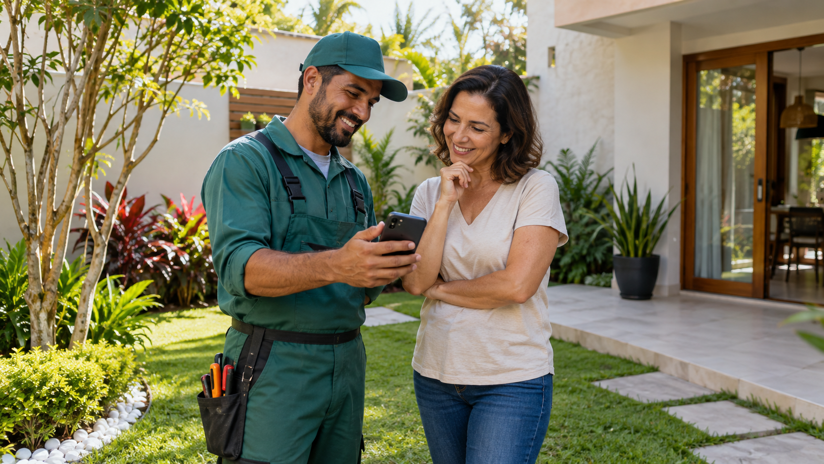 Jardineiro e cliente olhando um celular após um atendimento no jardim