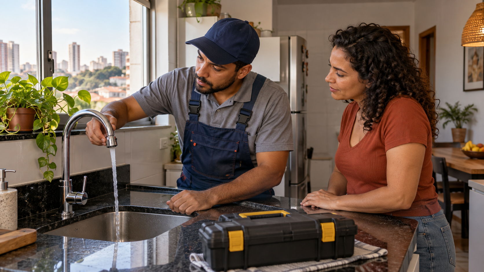Encanador e cliente avaliando uma torneira em uma cozinha