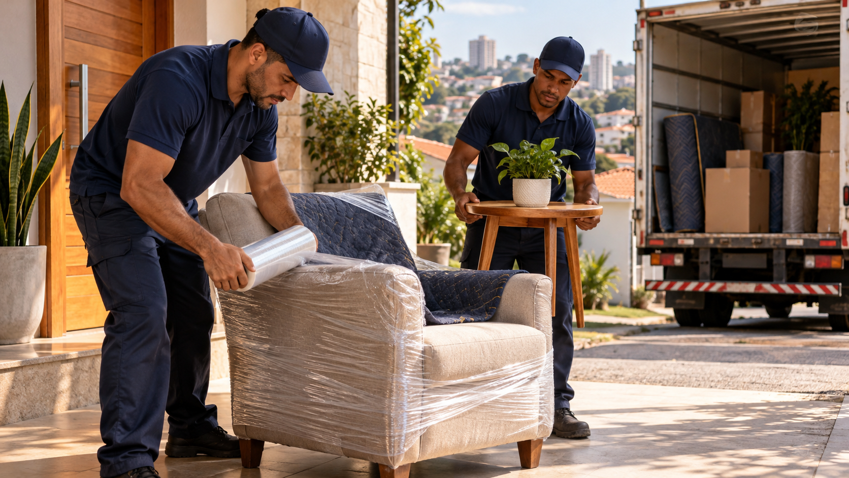 Dois profissionais preparando uma poltrona e uma mesa para retirada de uma casa