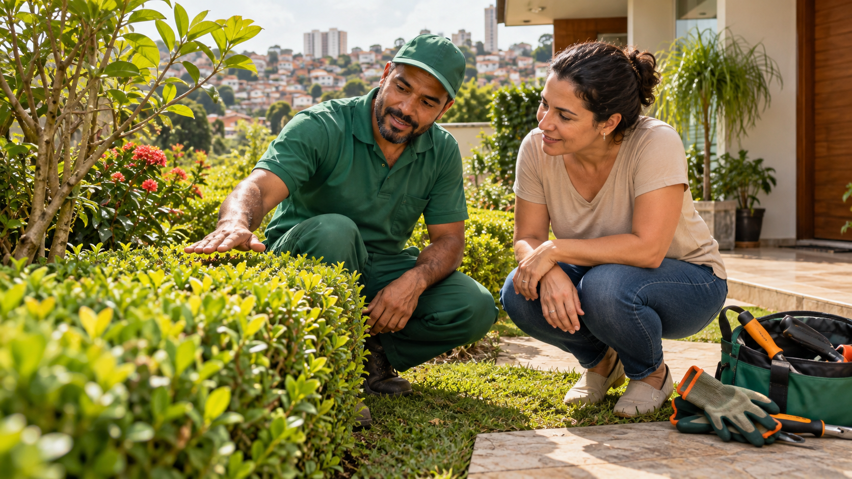 Jardineiro e moradora avaliando uma cerca viva baixa em um jardim