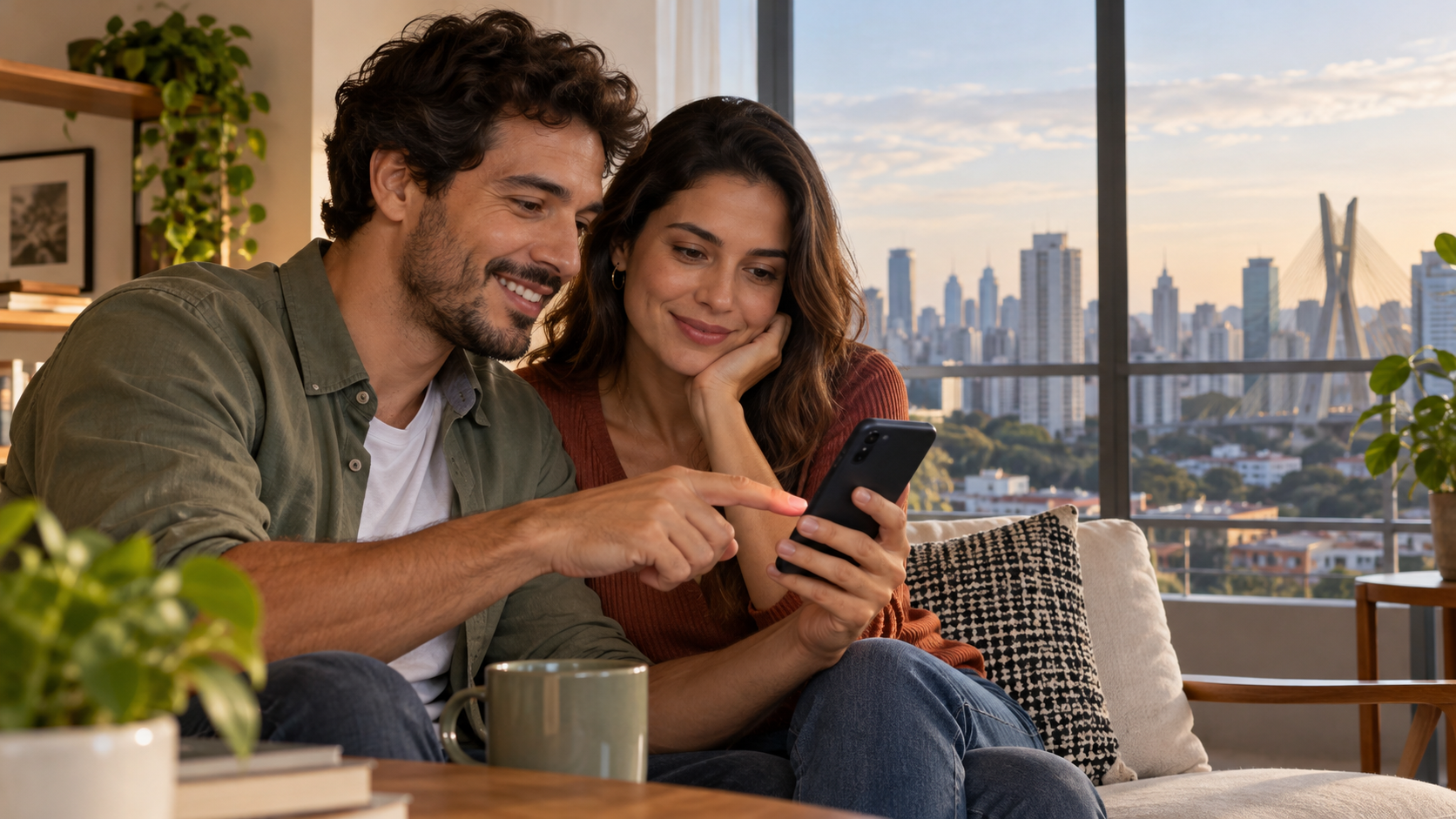 Casal comparando opções de serviços no celular em um apartamento em São Paulo
