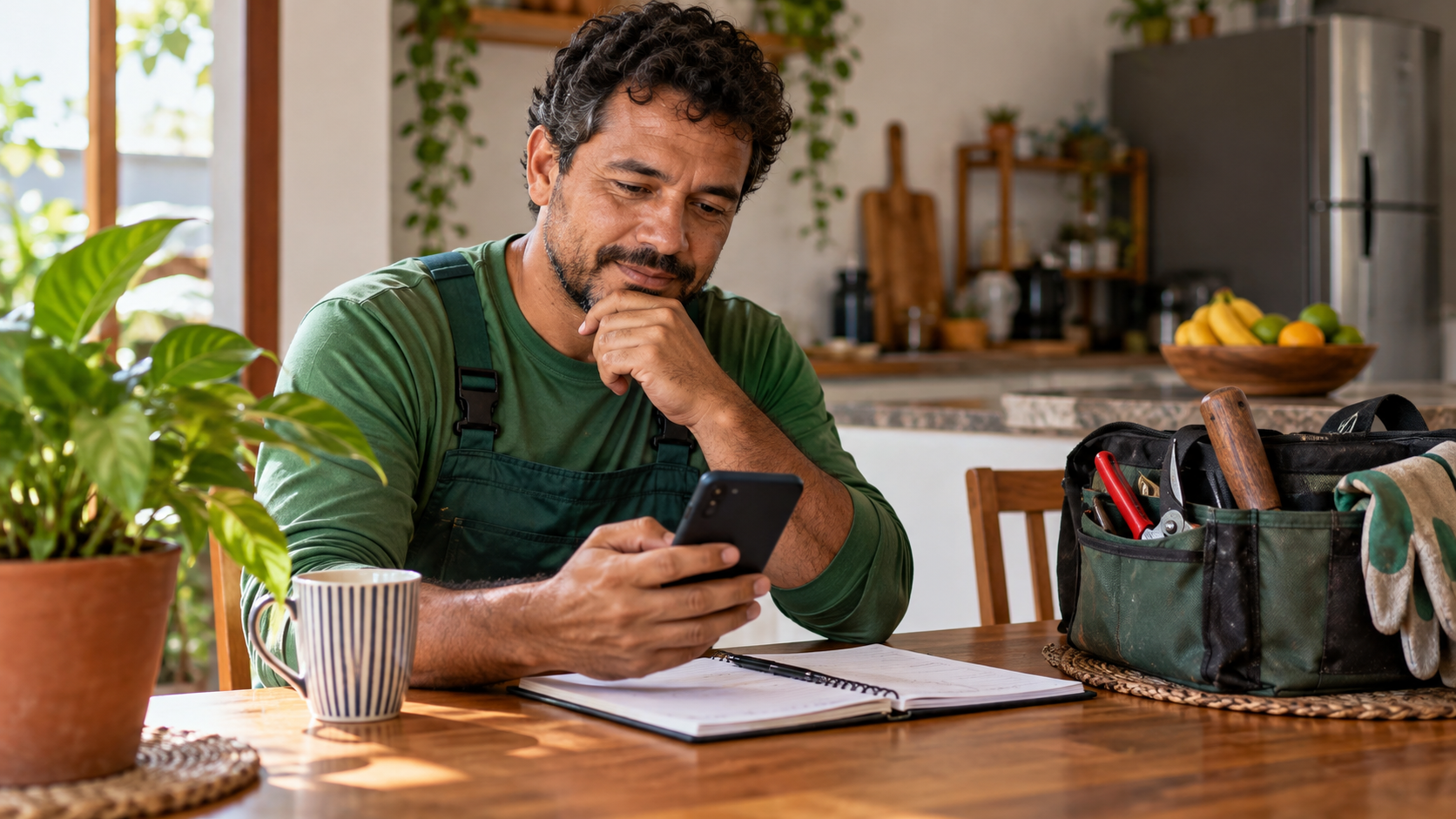 Prestador de serviços consultando a agenda no celular ao lado de uma bolsa de ferramentas