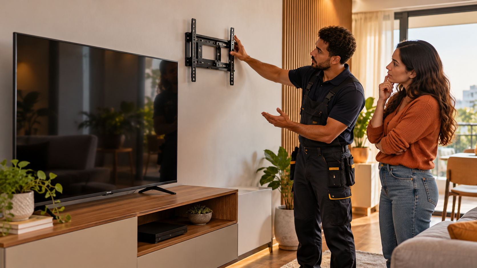 Instalador e morador avaliando um suporte de TV ainda sem instalação