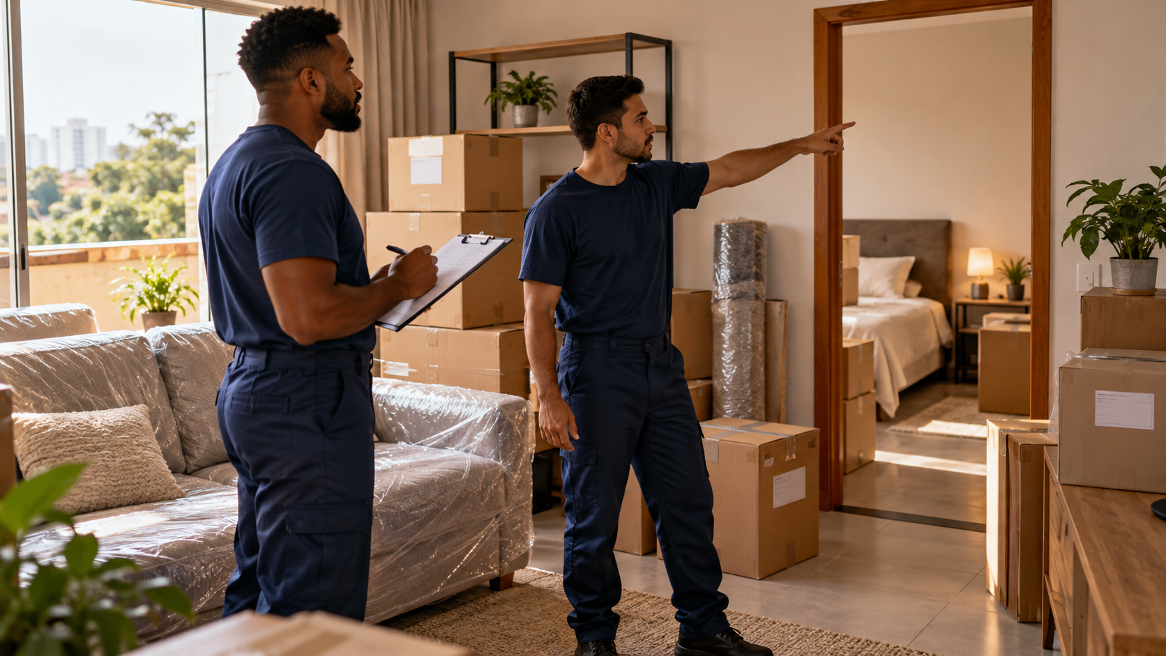 Profissionais de mudança conferindo caixas e móveis em um apartamento pequeno