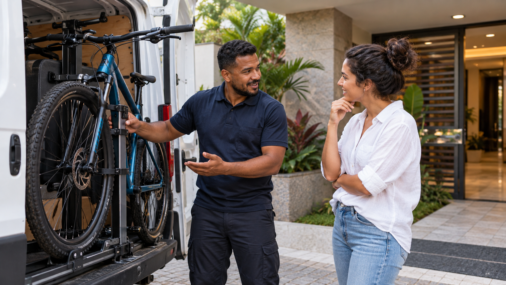 Profissional de transporte e cliente avaliando uma bicicleta ao lado de um veículo de carga