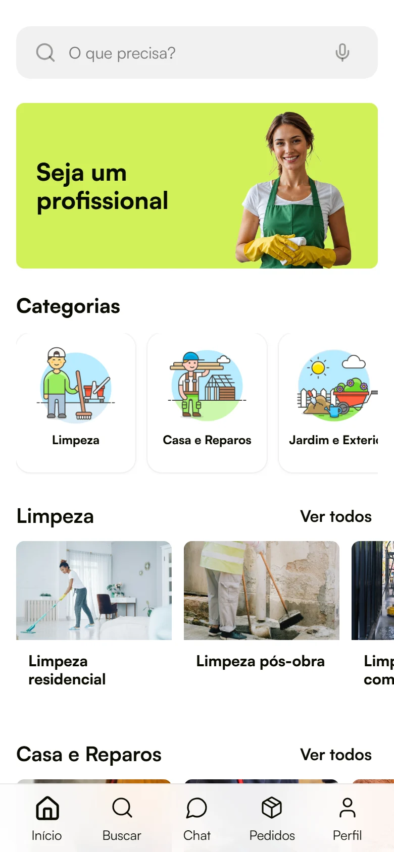 Tela inicial do app com categorias